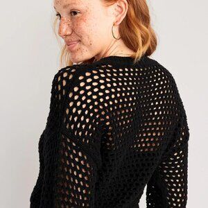 Better Be black gothic openwork crochet knit bell-sleeves crop sweater top NWT